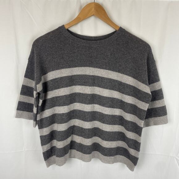 VKOO Women's 100% Cashmere Striped 1/2 Sleeve Blouse Top Shirt Gray Round Neck S - Picture 1 of 7